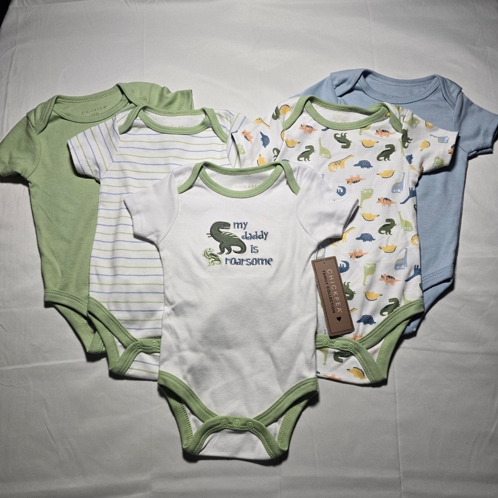 Chickpea Baby Boys 5pc Daddy Dinosaur Bodysuits Green Blue White 6-9 Months NEW